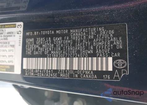 2007 Toyota Corolla Le из США, поврежденный, VIN 2T1BR30E77C724070